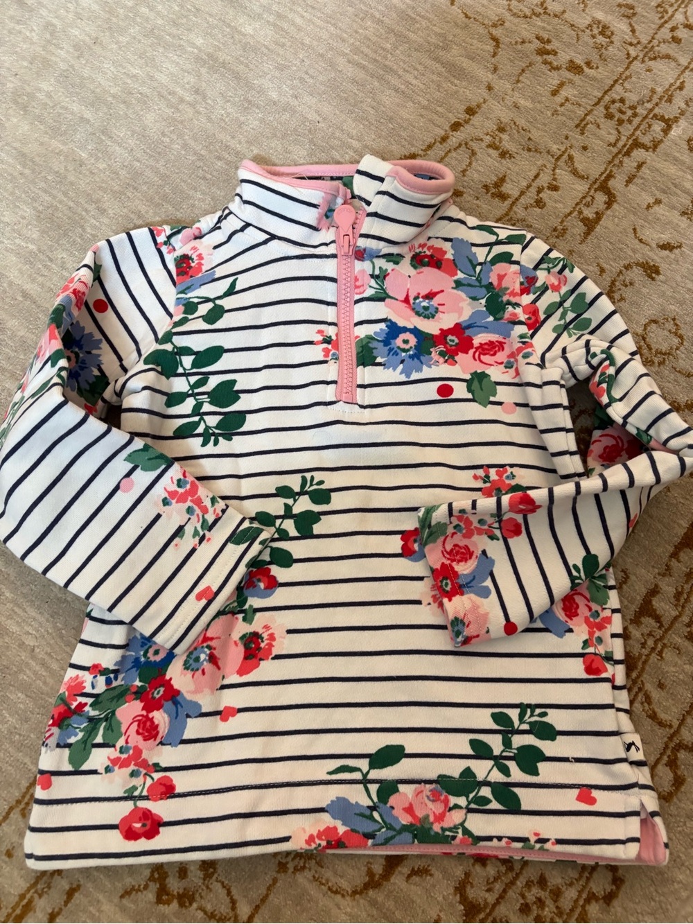 Joules White Navy-Striped Floral Quarter-Zip with Pink Trim